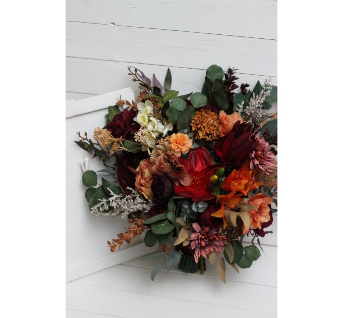 Wedding Bouquets in Burgundy & Burnt Orange | Cascading Bridal & Bridesmaid Faux Bouquets