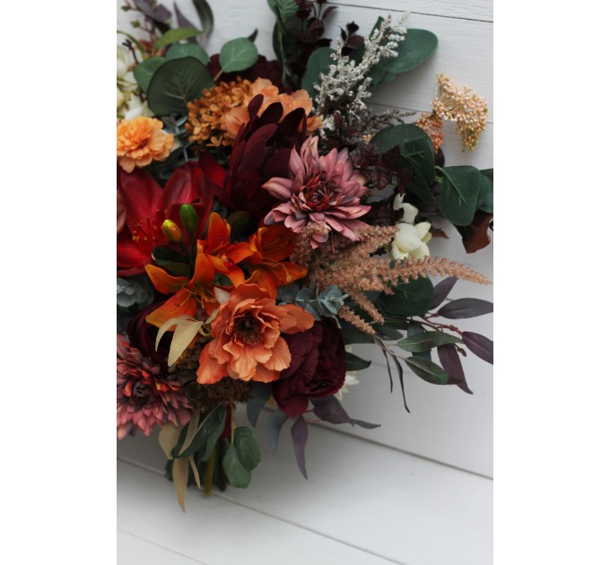Wedding Bouquets in Burgundy & Burnt Orange | Cascading Bridal & Bridesmaid Faux Bouquets