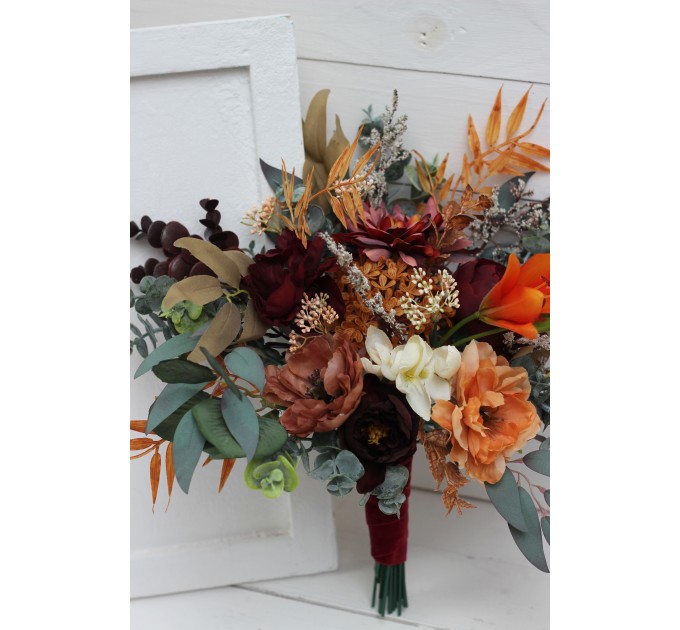 Wedding Bouquets in Burgundy & Burnt Orange | Cascading Bridal & Bridesmaid Faux Bouquets