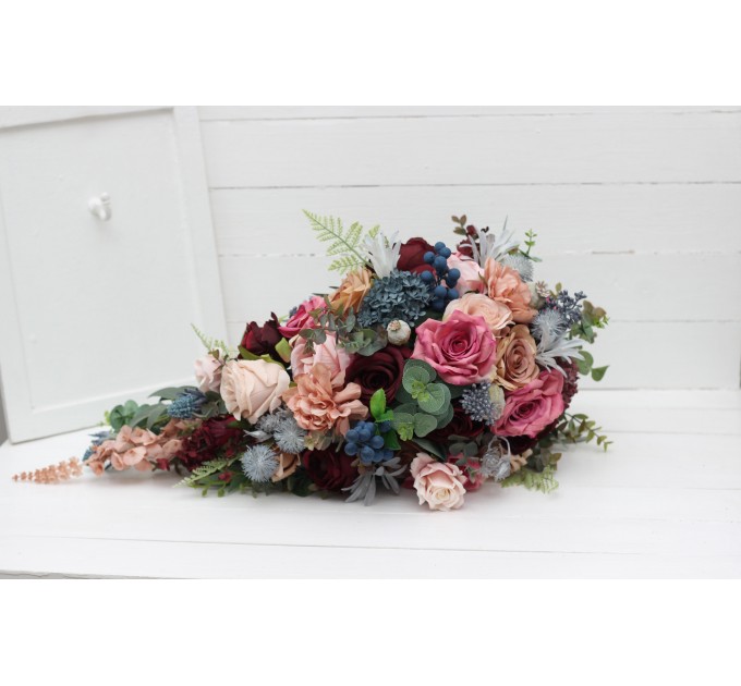 Wedding bouquets in burgundy dusty rose blue colors. Bridal bouquet. Cascading bouquet. Faux bouquet. Bridesmaid bouquet. 5188