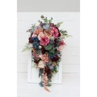Wedding bouquets in burgundy dusty rose blue colors. Bridal bouquet. Cascading bouquet. Faux bouquet. Bridesmaid bouquet. 5188