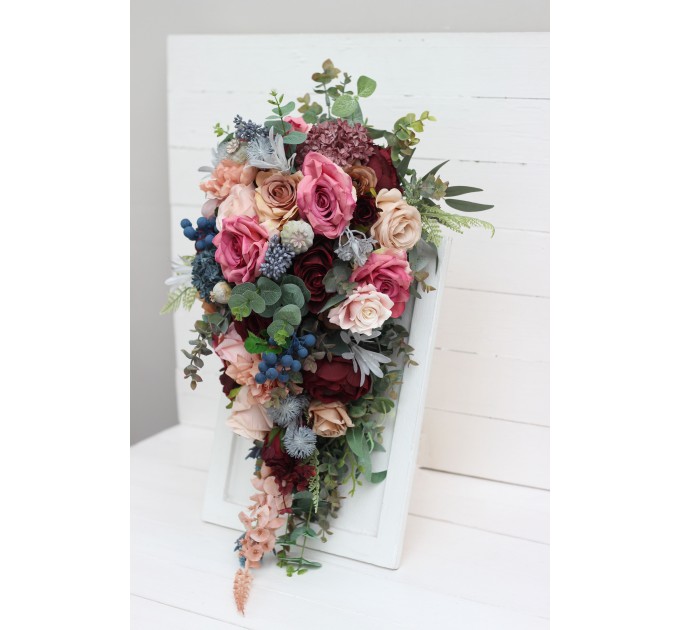 Wedding bouquets in burgundy dusty rose blue colors. Bridal bouquet. Cascading bouquet. Faux bouquet. Bridesmaid bouquet. 5188