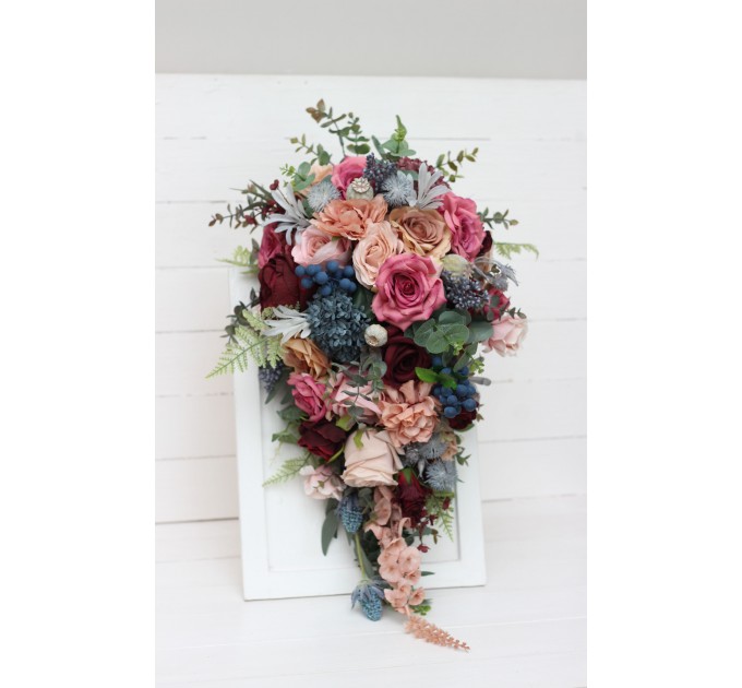 Wedding bouquets in burgundy dusty rose blue colors. Bridal bouquet. Cascading bouquet. Faux bouquet. Bridesmaid bouquet. 5188