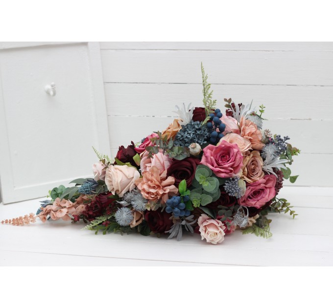 Wedding bouquets in burgundy dusty rose blue colors. Bridal bouquet. Cascading bouquet. Faux bouquet. Bridesmaid bouquet. 5188