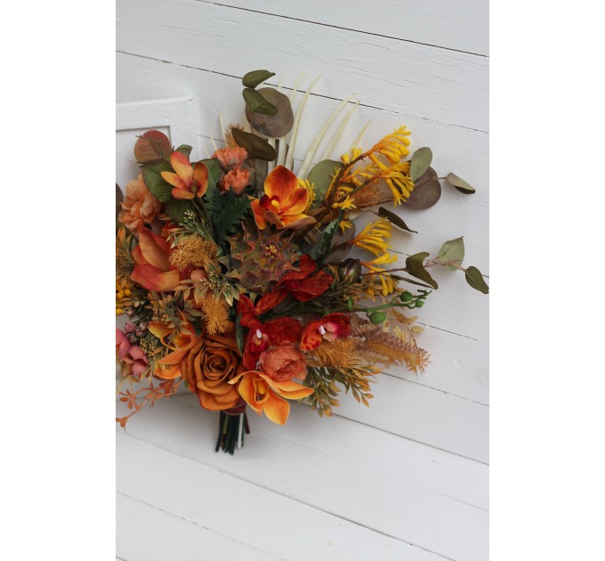 Wedding bouquets in mustard burnt orange colors. Bridal bouquet. Faux bouquet. Bridesmaid bouquet. 5164