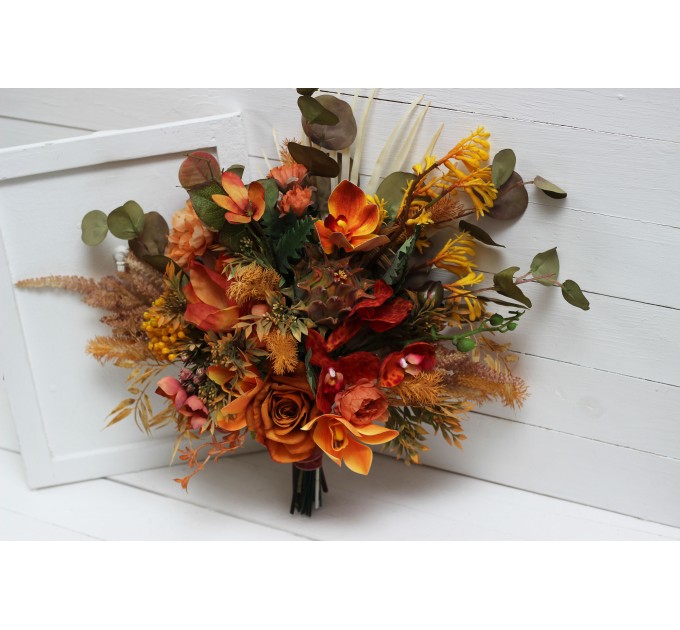 Wedding bouquets in mustard burnt orange colors. Bridal bouquet. Faux bouquet. Bridesmaid bouquet. 5164