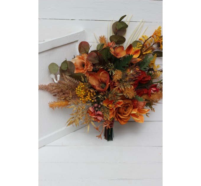 Wedding bouquets in mustard burnt orange colors. Bridal bouquet. Faux bouquet. Bridesmaid bouquet. 5164