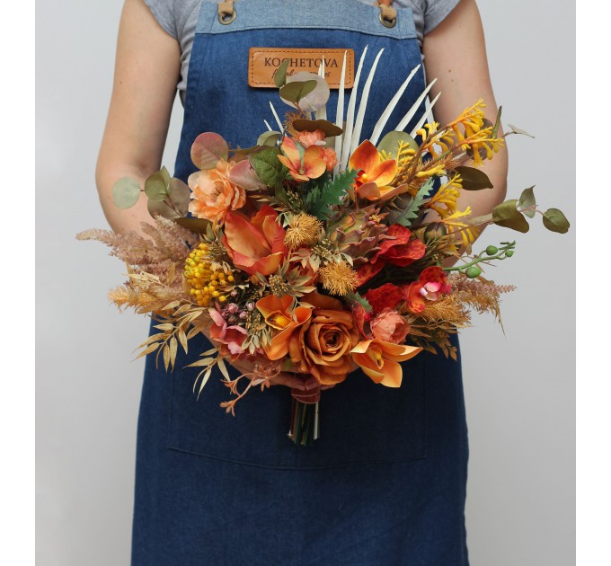 Wedding bouquets in mustard burnt orange colors. Bridal bouquet. Faux bouquet. Bridesmaid bouquet. 5164