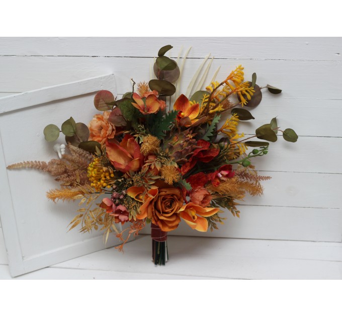 Wedding bouquets in mustard burnt orange colors. Bridal bouquet. Faux bouquet. Bridesmaid bouquet. 5164