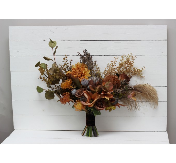 Wedding bouquets in mustard olive brown colors. Bridal bouquet. Faux bouquet. Bridesmaid bouquet. 5163