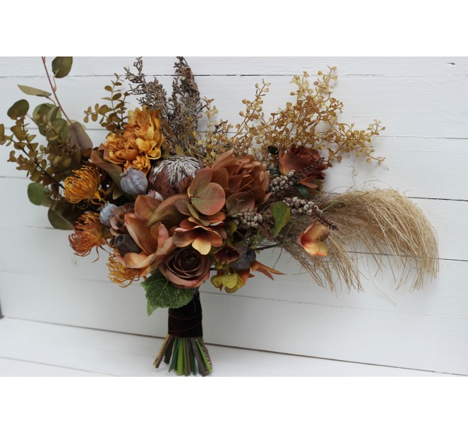 Wedding bouquets in mustard olive brown colors. Bridal bouquet. Faux bouquet. Bridesmaid bouquet. 5163
