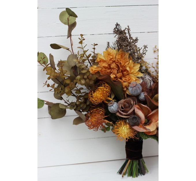 Wedding bouquets in mustard olive brown colors. Bridal bouquet. Faux bouquet. Bridesmaid bouquet. 5163