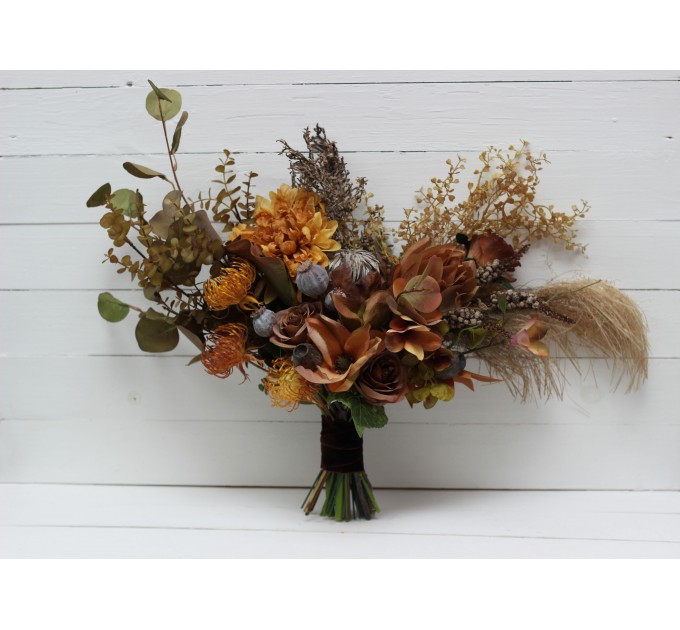 Wedding bouquets in mustard olive brown colors. Bridal bouquet. Faux bouquet. Bridesmaid bouquet. 5163