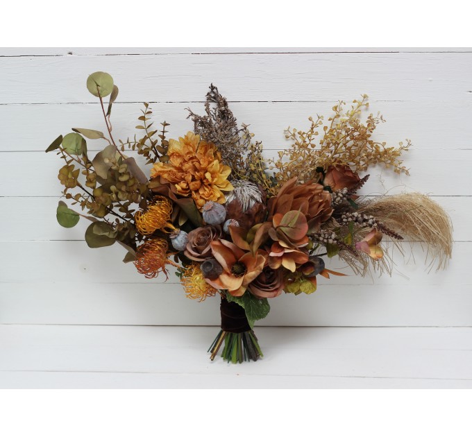 Wedding bouquets in mustard olive brown colors. Bridal bouquet. Faux bouquet. Bridesmaid bouquet. 5163
