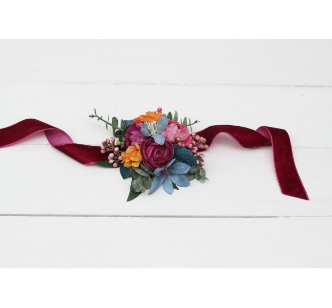 Wedding Boutonnieres & Wrist Corsage in Orange, Magenta & Teal | Faux Flower Accessories