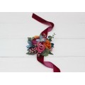  Wedding boutonnieres and wrist corsage  in orange magenta teal color scheme. Flower accessories. 5187
