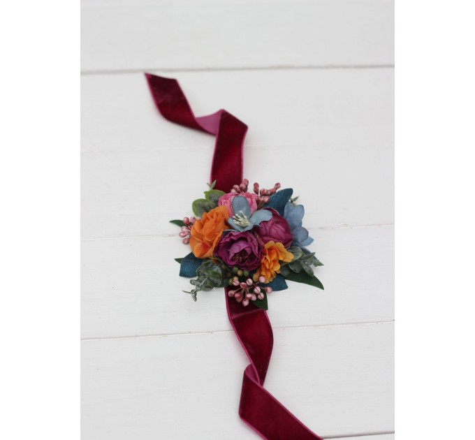 Wedding Boutonnieres & Wrist Corsage in Orange, Magenta & Teal | Faux Flower Accessories