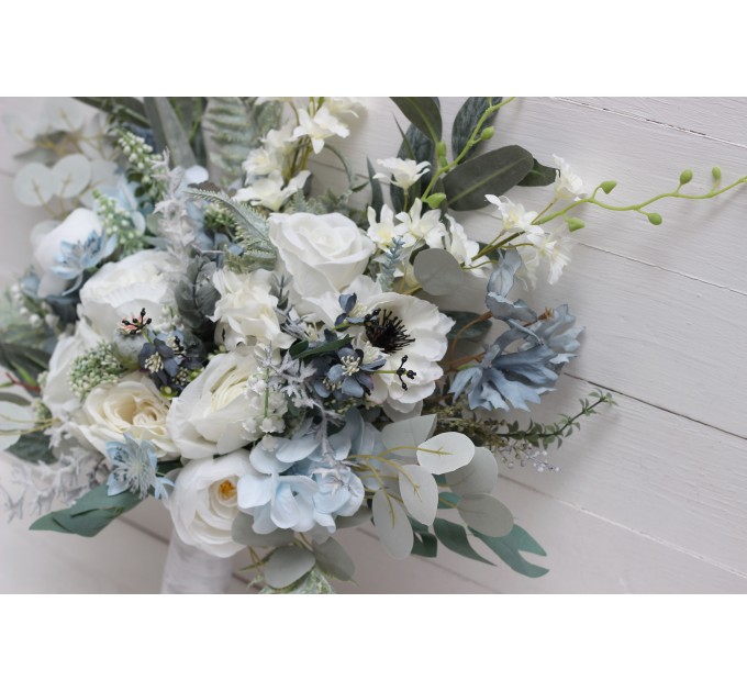 Wedding Bouquets in White & Sky Blue | Faux Bridal & Bridesmaid Bouquets