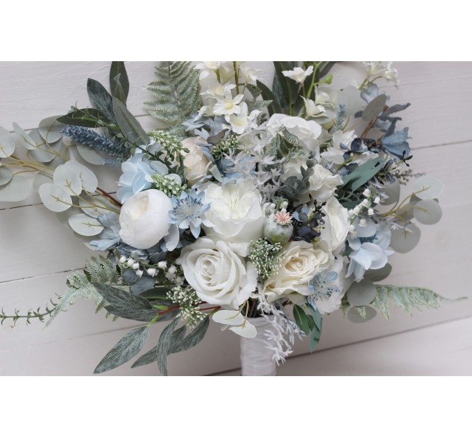 Wedding Bouquets in White & Sky Blue | Faux Bridal & Bridesmaid Bouquets