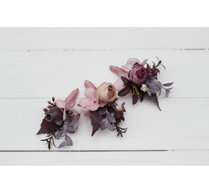 Wedding Boutonnieres & Wrist Corsage in Mauve, Purple & Beige | Faux Flower Accessories