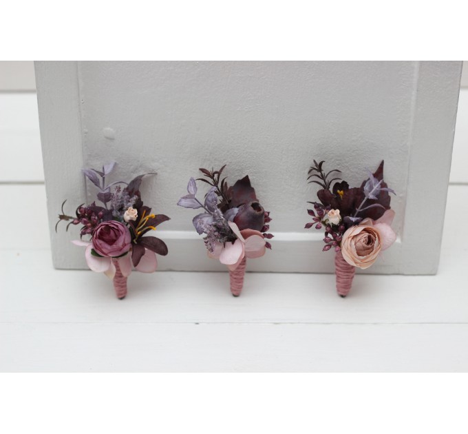 Wedding Boutonnieres & Wrist Corsage in Mauve, Purple & Beige | Faux Flower Accessories