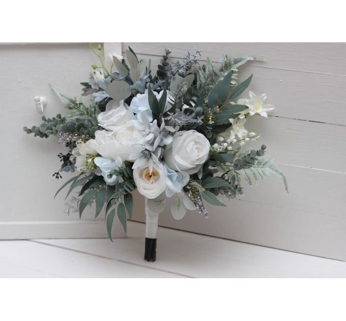 Wedding Bouquets in White & Sky Blue | Faux Bridal & Bridesmaid Bouquets