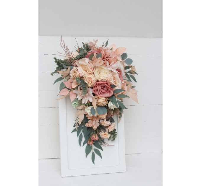 Cascasding bouquet. Boho bouquet. Dusty rose peach ivory bridal bouquet. Faux bouquet. Fall wedding. Silk flowers. Boho wedding. 5184