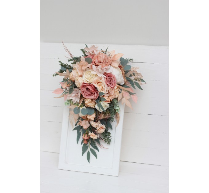 Cascasding bouquet. Boho bouquet. Dusty rose peach ivory bridal bouquet. Faux bouquet. Fall wedding. Silk flowers. Boho wedding. 5184