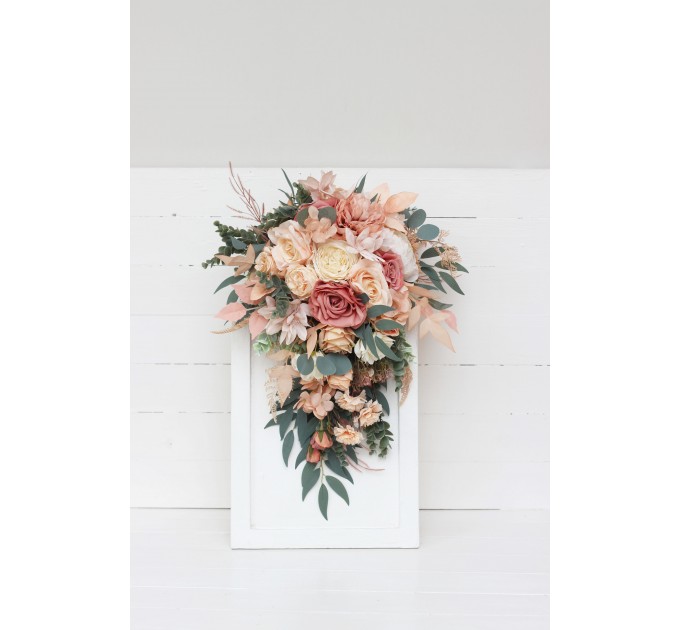 Cascasding bouquet. Boho bouquet. Dusty rose peach ivory bridal bouquet. Faux bouquet. Fall wedding. Silk flowers. Boho wedding. 5184