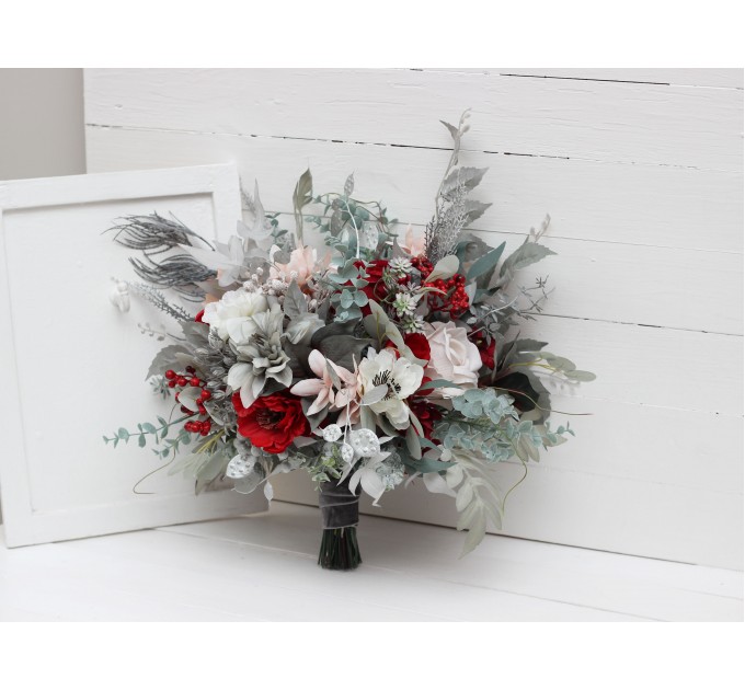 Wedding Bouquets in Red, Blush Pink, White, Silver & Gray | Faux Bridal & Bridesmaid Bouquets