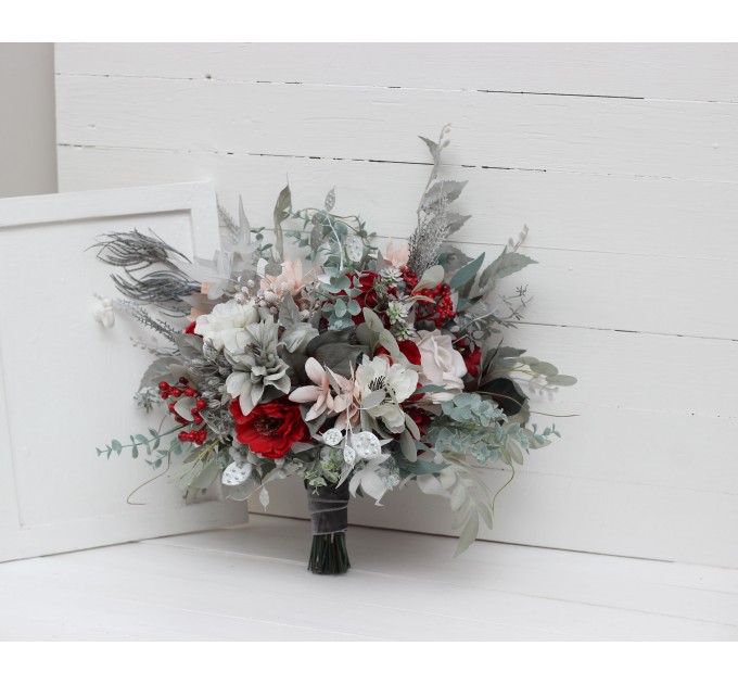 Wedding Bouquets in Red, Blush Pink, White, Silver & Gray | Faux Bridal & Bridesmaid Bouquets