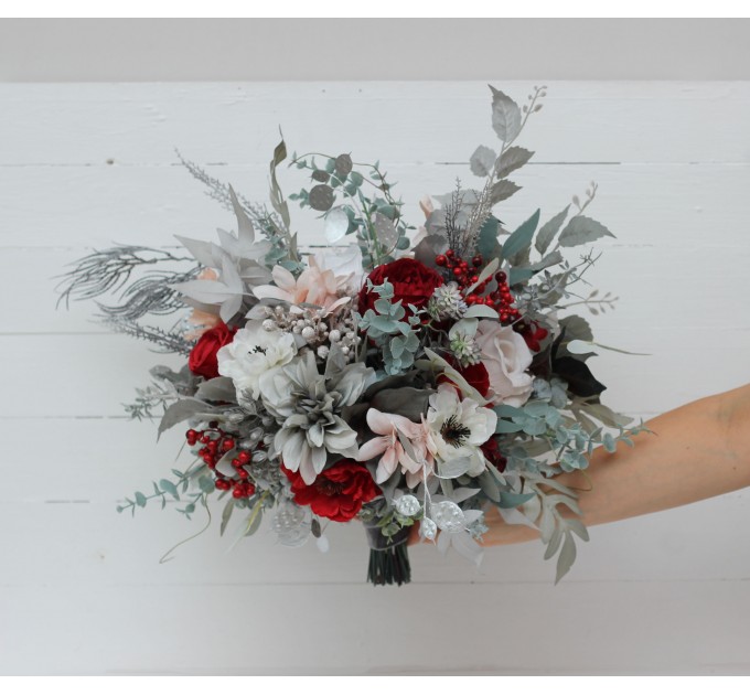 Wedding Bouquets in Red, Blush Pink, White, Silver & Gray | Faux Bridal & Bridesmaid Bouquets
