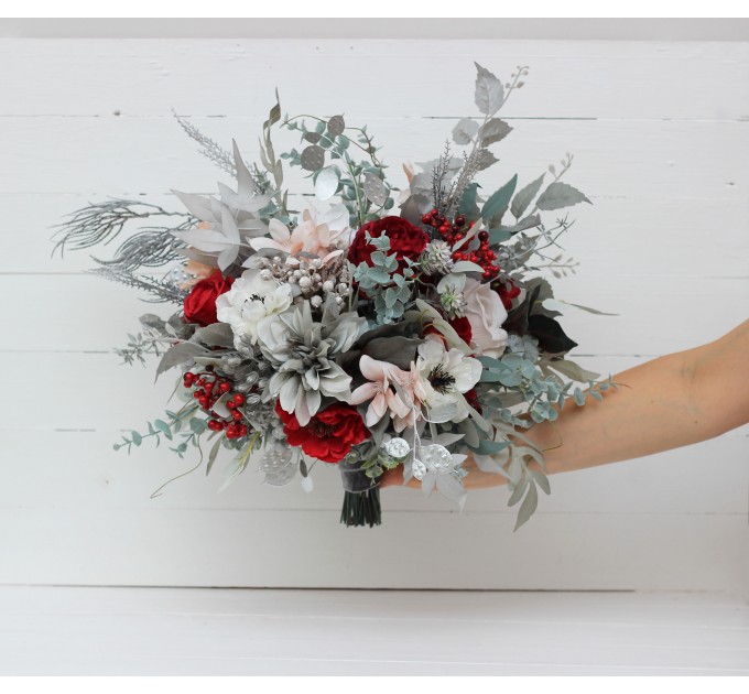 Wedding Bouquets in Red, Blush Pink, White, Silver & Gray | Faux Bridal & Bridesmaid Bouquets