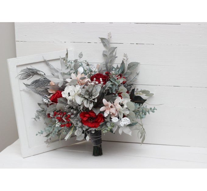 Wedding Bouquets in Red, Blush Pink, White, Silver & Gray | Faux Bridal & Bridesmaid Bouquets