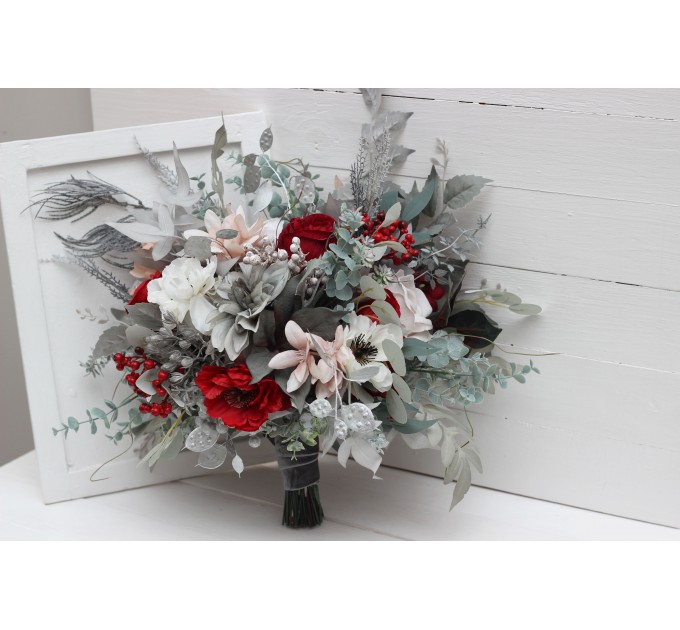 Wedding Bouquets in Red, Blush Pink, White, Silver & Gray | Faux Bridal & Bridesmaid Bouquets