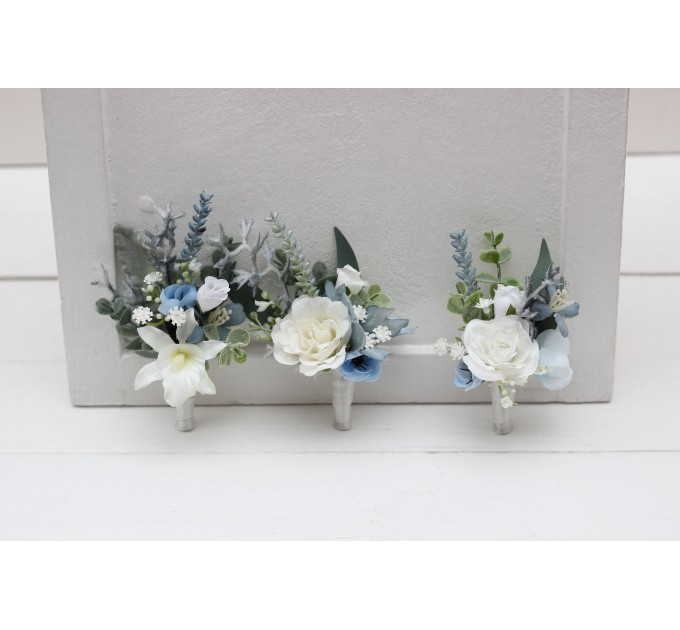 Wedding Boutonnieres & Wrist Corsage in Sky Blue & White | Faux Flower Accessories