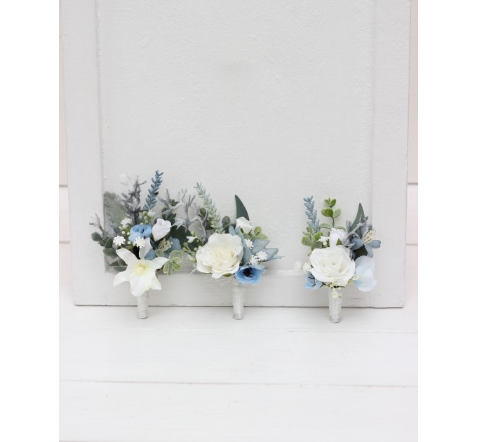 Wedding Boutonnieres & Wrist Corsage in Sky Blue & White | Faux Flower Accessories