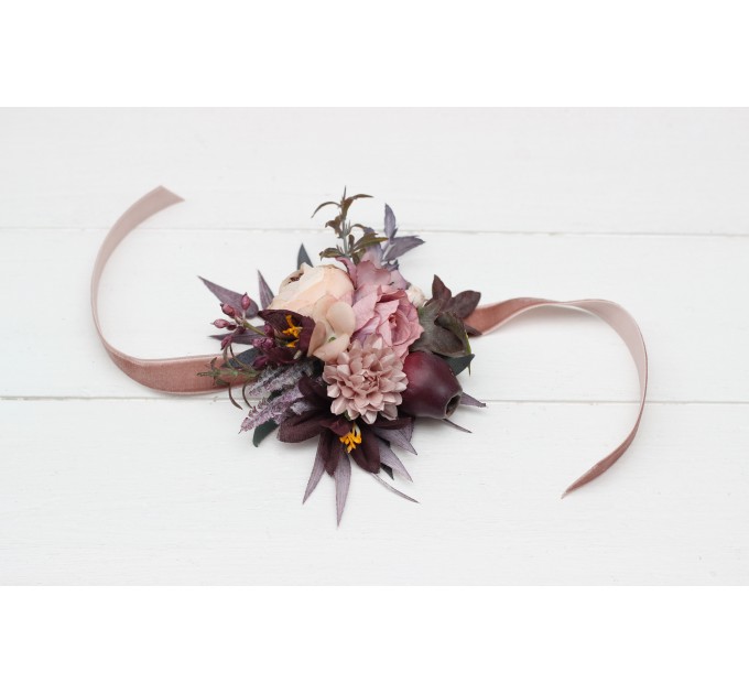 Wedding Boutonnieres & Wrist Corsage in Mauve, Purple & Beige | Faux Flower Accessories