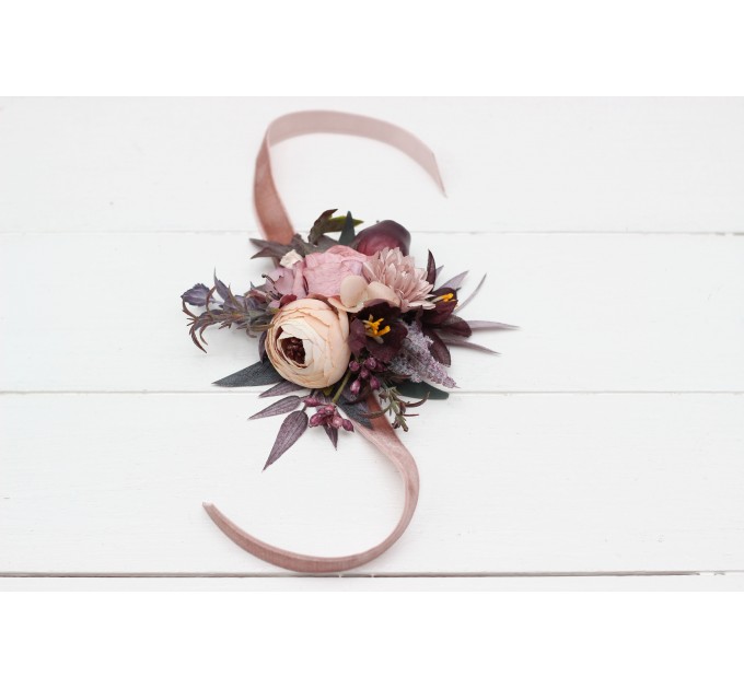 Wedding Boutonnieres & Wrist Corsage in Mauve, Purple & Beige | Faux Flower Accessories