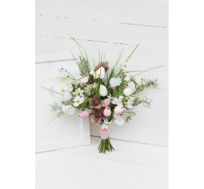 Tulip Bridal Bouquet in White & Pink | Faux Wedding Silk Flowers