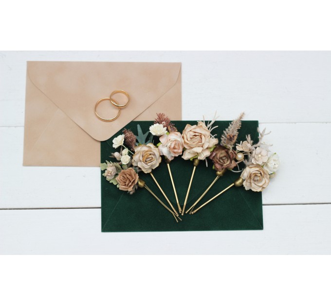 Set of 6 bobby pins in beige brown color scheme. Hair accessories. Flower accessories for wedding. 5177
