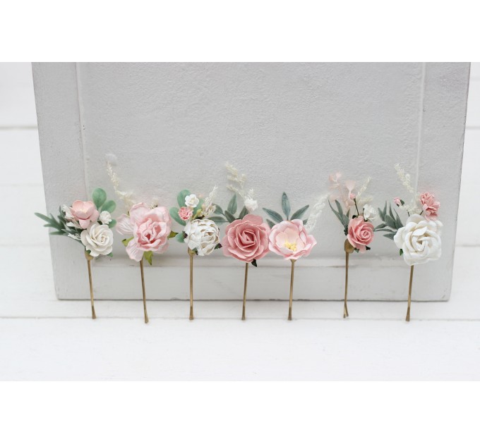 Set of 7 bobby pins. Pink white accessories. Bridal hairpiece. Wedding flowers. Floral hair pins White floral bobby pins.  5176