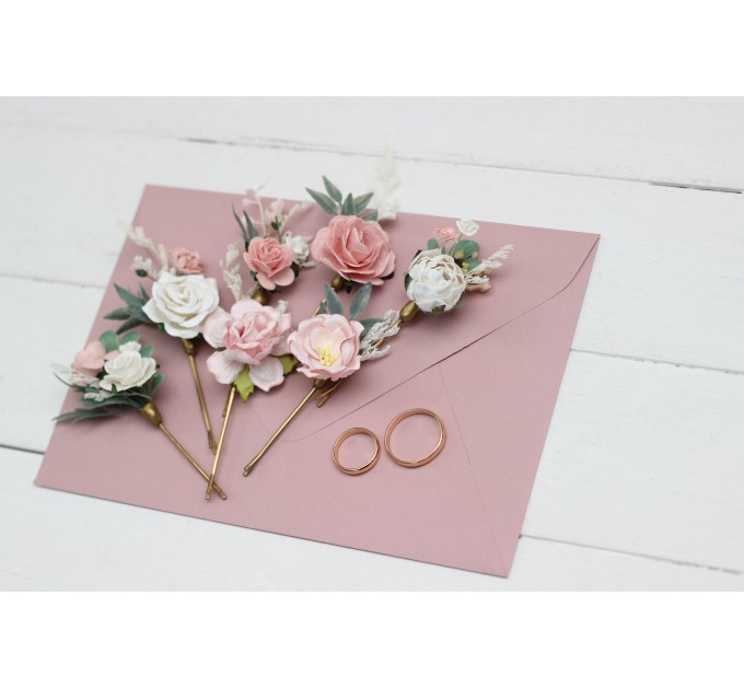 Set of 7 bobby pins. Pink white accessories. Bridal hairpiece. Wedding flowers. Floral hair pins White floral bobby pins.  5176