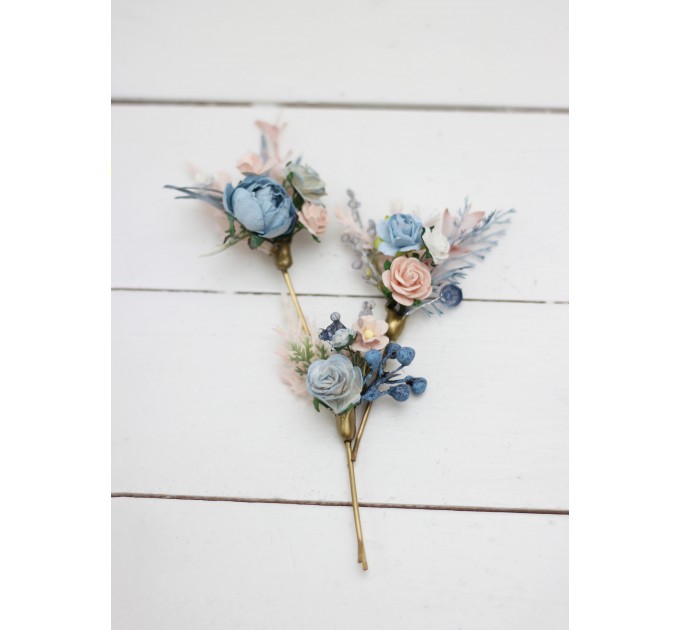  Set of bobby pins. Spring wedding. Dusty blue pink white hair accessories. Bridal flowers. Floral hair pins. Hairpiece. Bridesmaid gift. 5174