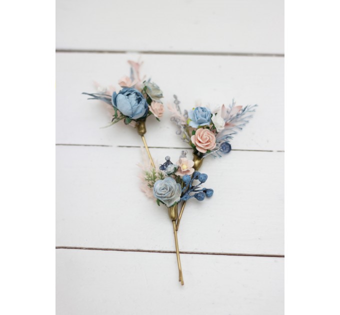 Set of bobby pins. Spring wedding. Dusty blue pink white hair accessories. Bridal flowers. Floral hair pins. Hairpiece. Bridesmaid gift. 5174