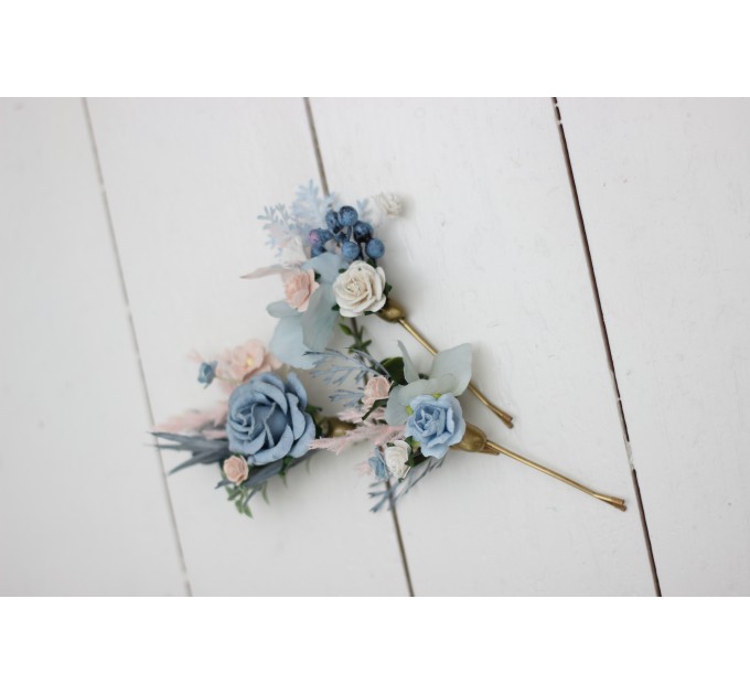 Set of bobby pins. Spring wedding. Dusty blue pink white hair accessories. Bridal flowers. Floral hair pins. Hairpiece. Bridesmaid gift. 5174