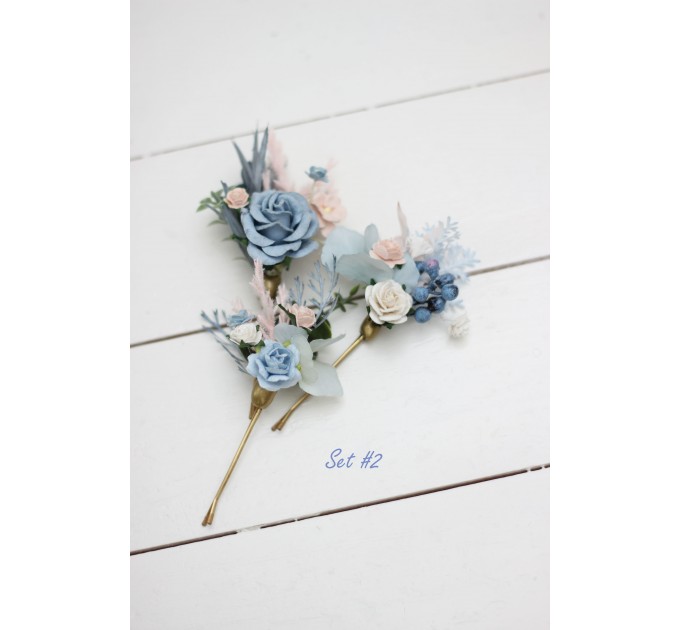 Set of bobby pins. Spring wedding. Dusty blue pink white hair accessories. Bridal flowers. Floral hair pins. Hairpiece. Bridesmaid gift. 5174