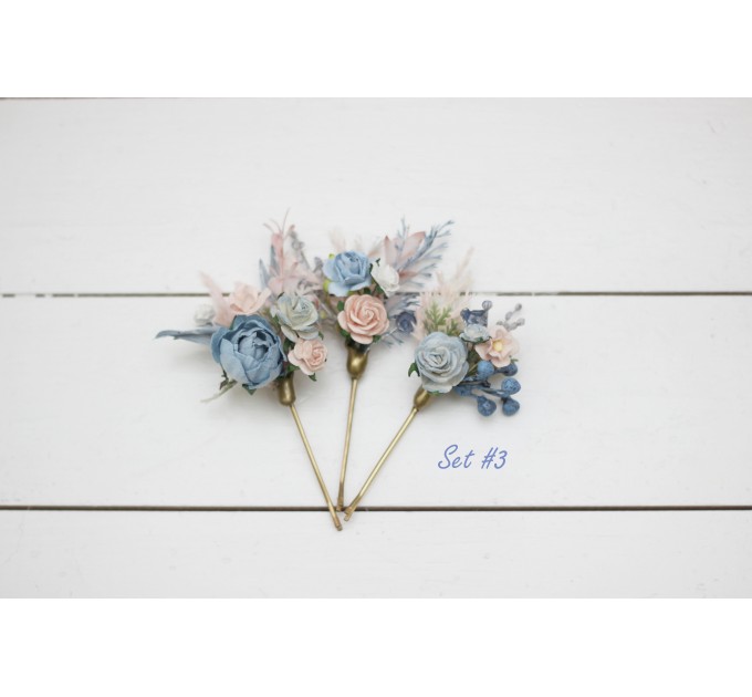 Set of bobby pins. Spring wedding. Dusty blue pink white hair accessories. Bridal flowers. Floral hair pins. Hairpiece. Bridesmaid gift. 5174