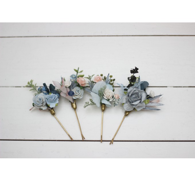 Set of bobby pins. Spring wedding. Dusty blue pink white hair accessories. Bridal flowers. Floral hair pins. Hairpiece. Bridesmaid gift. 5174