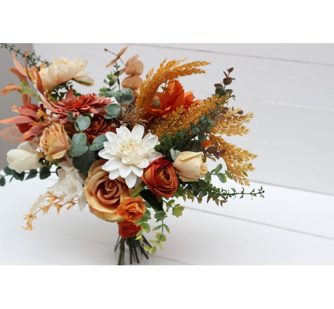 Wedding bouquets in rust orange cream colors. Bridal bouquet. Faux bouquet. Bridesmaid bouquet. 5178